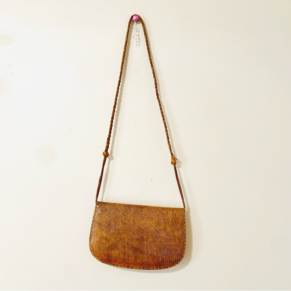 Vintage folk crafted reptile skin crossbody bag purse fold over tan